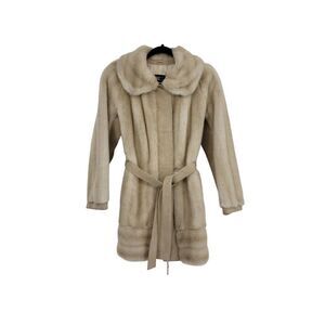 Rare Vtg 60's Lilli Ann Faux Fur Genuine Leather Accents Belted Coat Tan Sz S